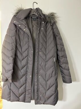Kenneth Cole Gray Hooded Quilted Long Puffer Coat with Faux Fur Trim